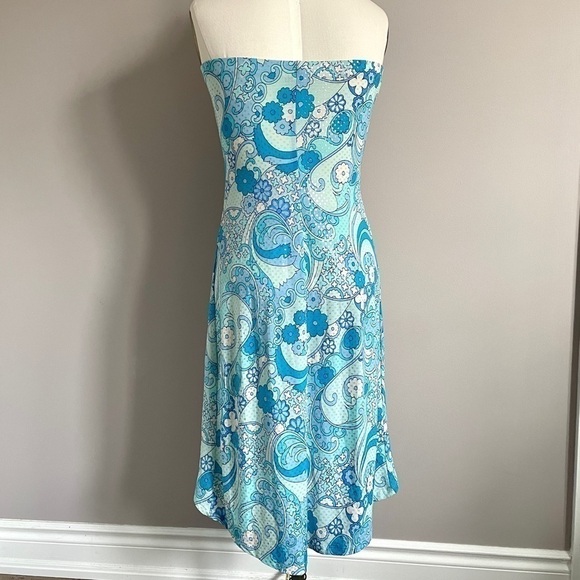 Vintage Y2K Blue Psychedelic Floral Print Faux Sequin High Low Hem Tube Dress S - Picture 7 of 8